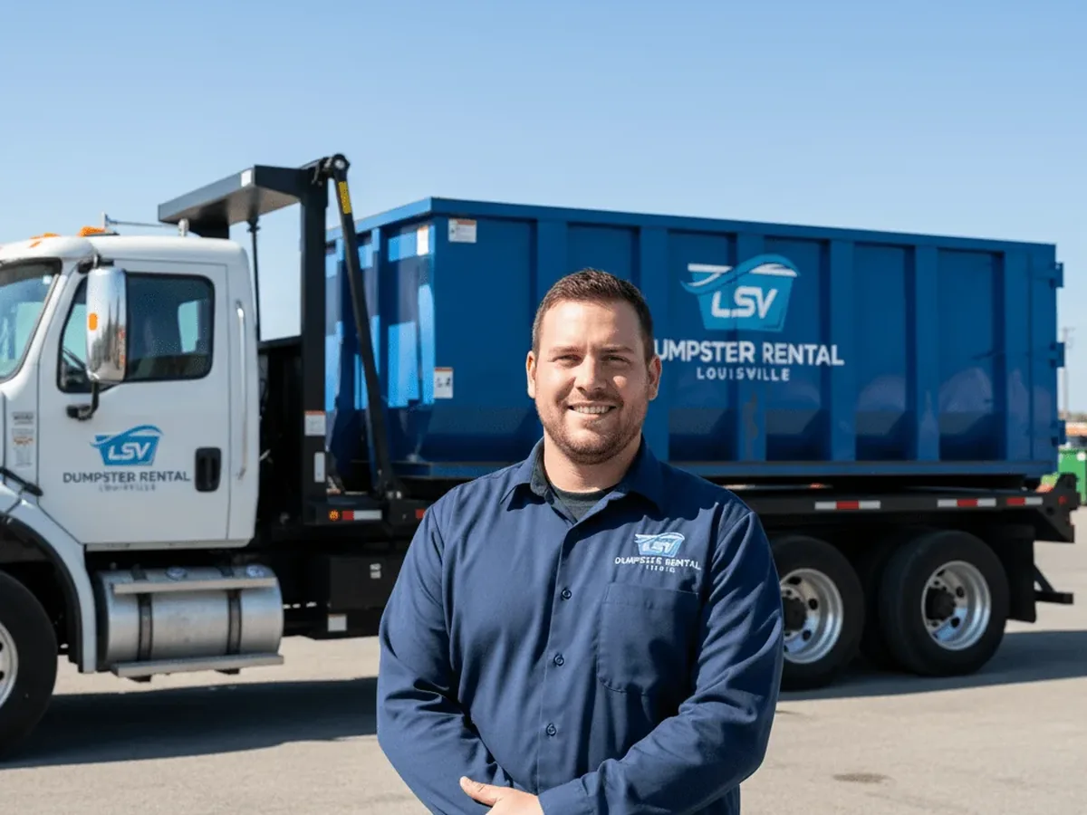 The LSV Dumpster Rental Louisville crew with a roll-off truck and container in Louisville, KY