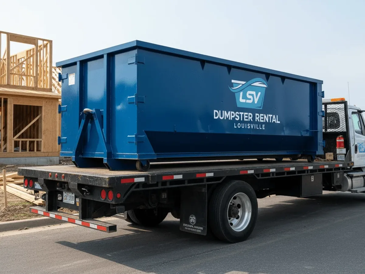 LSV Dumpster Rental Louisville roll-off truck delivering a container in Louisville, KY